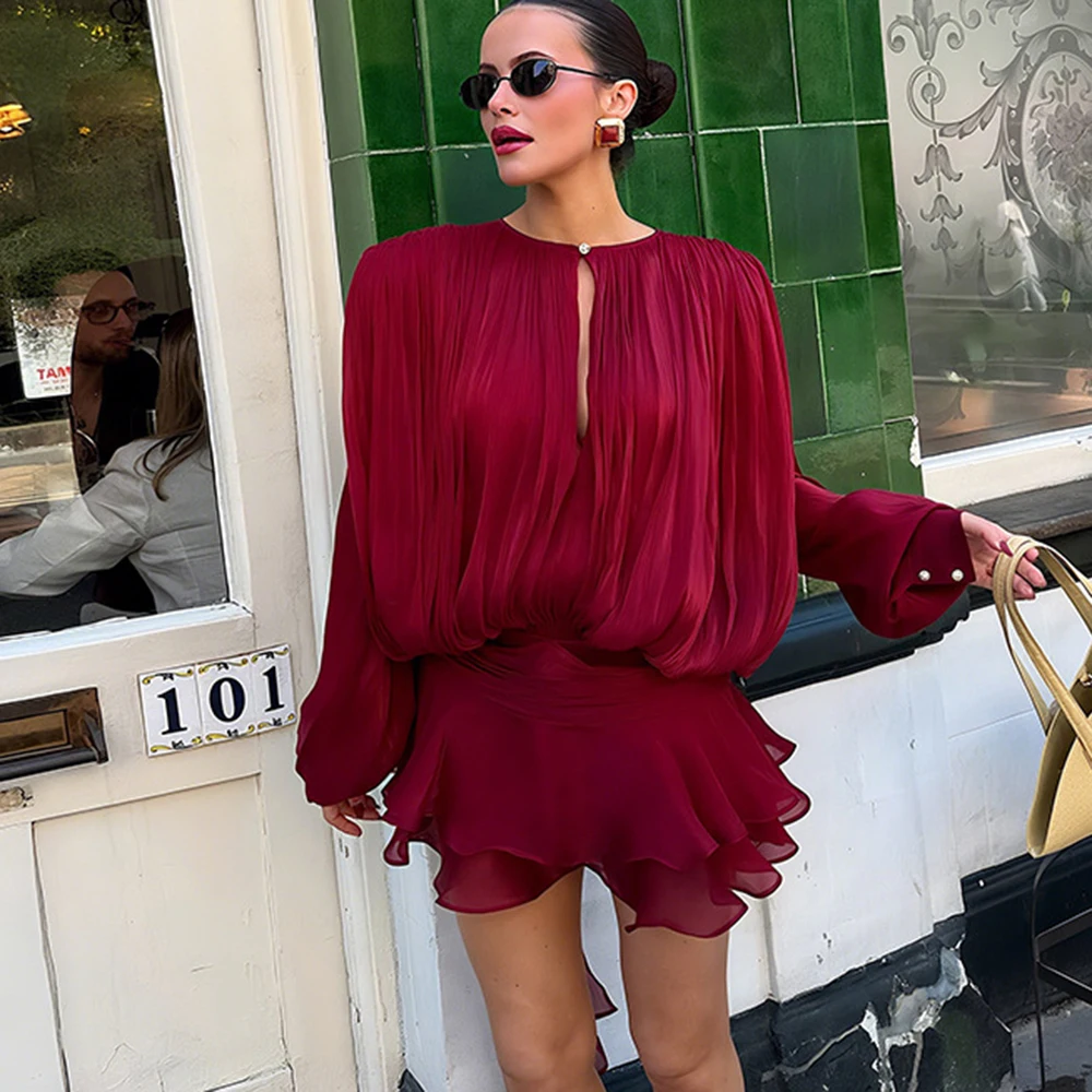 Ticketsx zomer glanzende een schouder skinny geplooide mini-jurk elegante effen ruches lange mouwen vestidos dame feestavondjurk