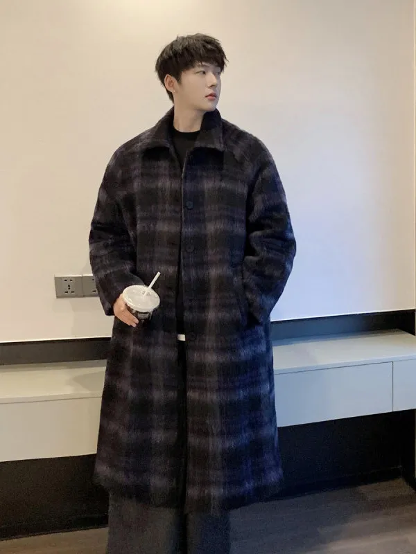 

Мужское шерстяное пальто средней длины в клетку, американская зимняя модная верхняя одежда, повседневная застежка на одной пуговице с отложным воротником
