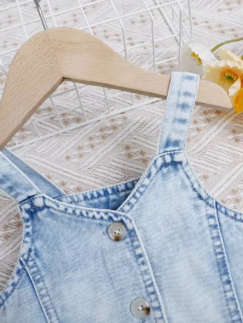 Ragazze denim due pezzi per bambini quattro stagioni halter top + jeans gamba dritta bottone aperto cuciture pizzo bianco