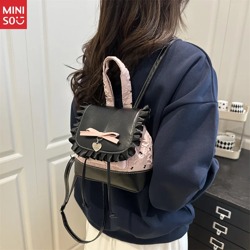 حقيبة ظهر من الدانتيل من Miniso 2025 للنساء، حقيبة يد لطيفة على شكل فيونكة وحقيبة كتف، عصرية وبسيطة