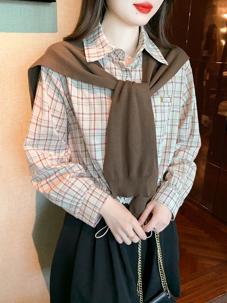 Set Due Pezzi a Quadri alla Moda per Donna, Autunno Inverno, Maglia a Maniche Lunghe Foderata, Stile Coreano