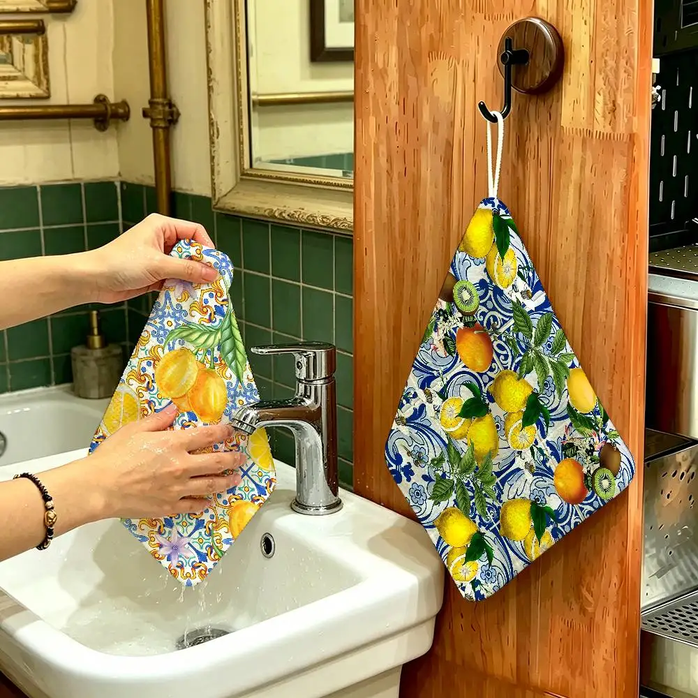 Decor Lemon and Blue Patterned Hanging Polyester Cotton Towel, Reusable Hand Wiping Cloth, Wear Resistant for Home Kitchen Sink