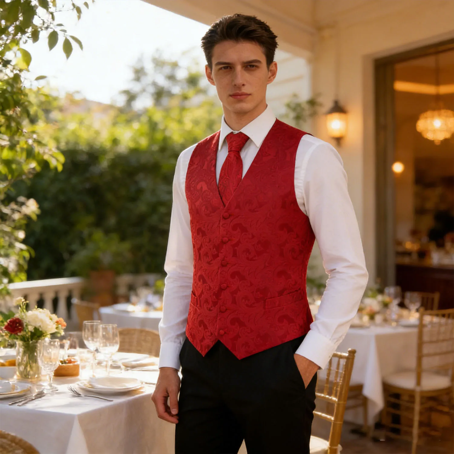 

Men's Floral Vest & Tie Hanky Cufflinks Set – Formal Red Light Purple Black Jacquard Waistcoat for Weddings Events Party Gift