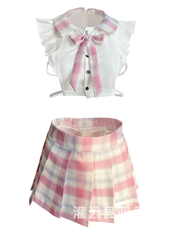 New Style Bow Women's JK Uniform Passion Skirt Set Unique Design Pleated Plaid Super Short Backless Fashion Sweet Cute HNXU