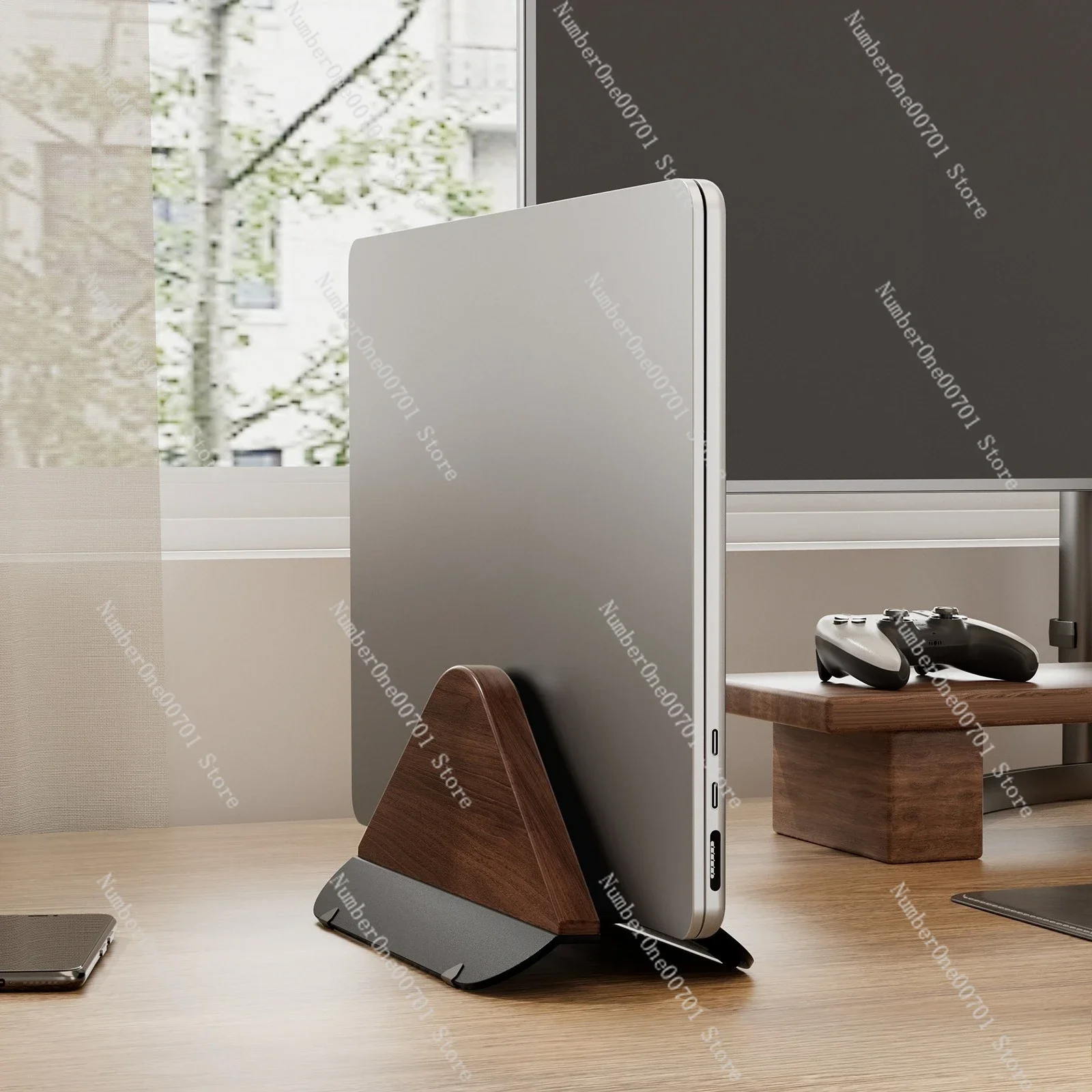 Walnut Wooden Vertical Laptop Stand for  – Adjustable Holder with Solid Base, Space-Saving , Ideal for Desktop Docking