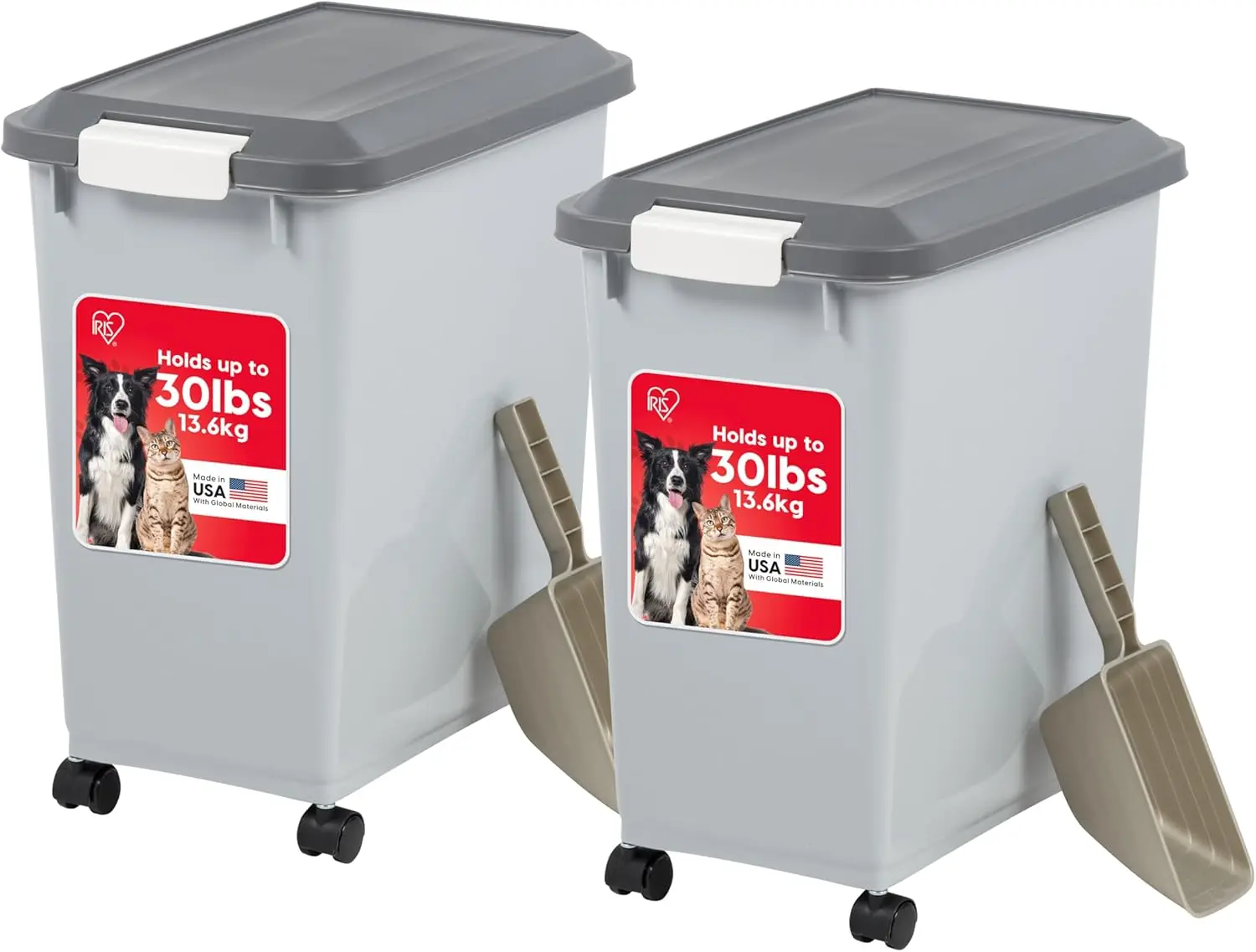

Airtight Pet Food Storage Container with Wheels, 30 lbs Capacity, 2-Cup Scoop, Gray/Dark Gray 2 Pack