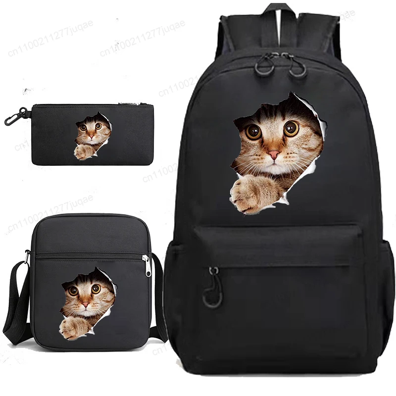 かわいい猫の漫画アニメガールボーイズスクールバッグ新学期バックパック黒バックパックティーンエイジャー用ショルダーランチバッグ3個セット