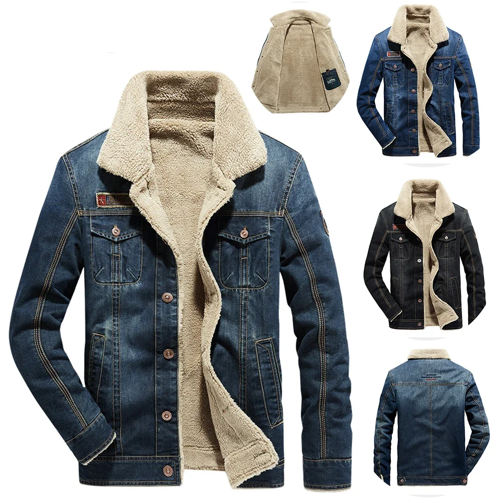 

Мужская Зимняя Повседневная джинсовая куртка с меховым воротником, Мужская модная одежда, однобортная Осенняя винтажная парка с лацканами, пальто для мужчин
