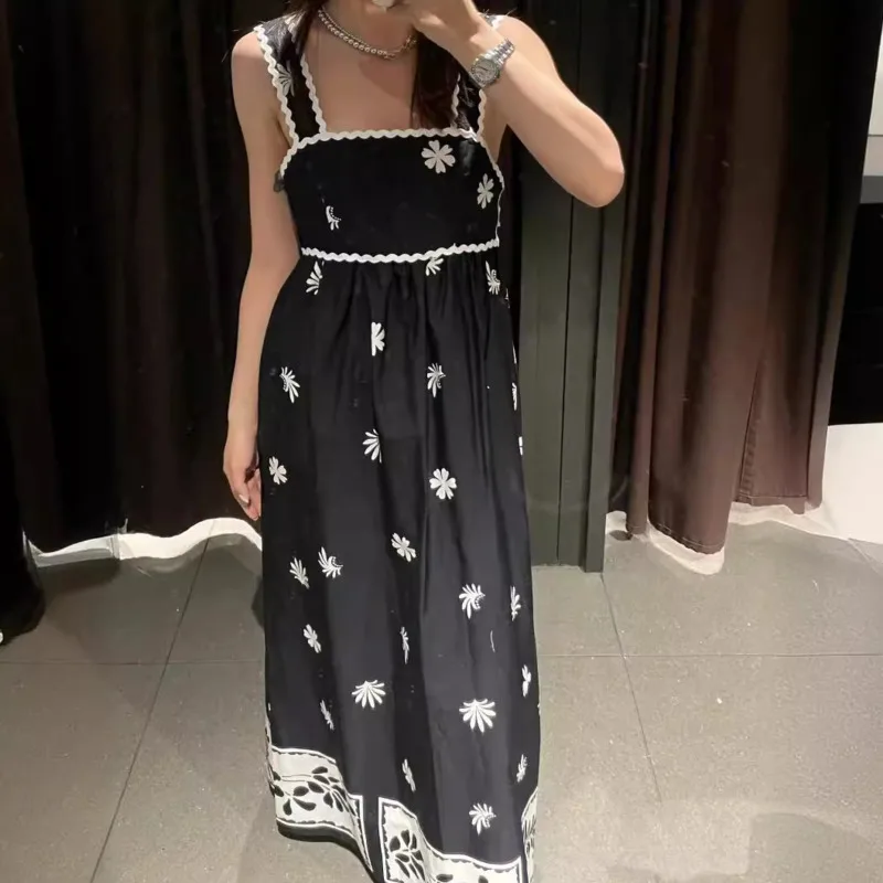 

Vacation Style Drape Printed Midi Camisole Dress For Women's New Summer Black Tie Up Sleeveless Loose Long Skirt Pleated Skirt