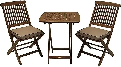 Eucalyptus Wood 3-Piece Square Foldable Bistro Outdoor Furniture Patio Set, Table and 2 Chairs with Cushions, Beige