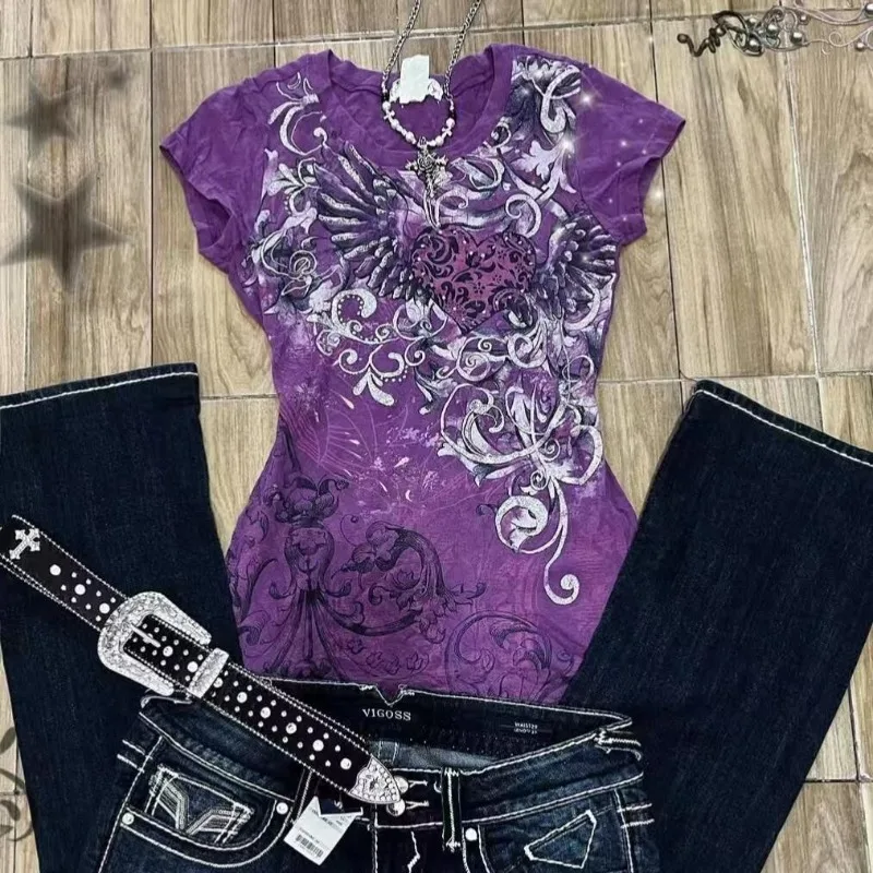 

Y2k Vintage Pink Tshirts Slim-fit Subculture Short Sleeve Print Haraiuku Hottie Fashion Casual Tops Chic Retro Gothic Punk Tees