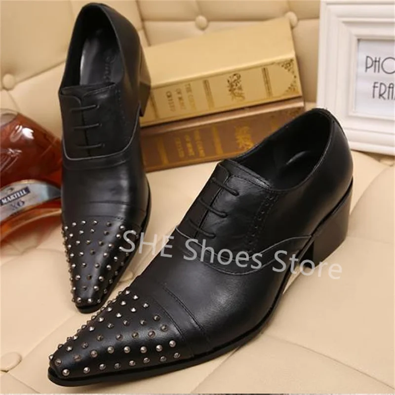 

Punk Style Rivet Pointed Toe Shallow Loafers for Men Chunky Heel Hight Increasing Belt Buckle Leather Shoes Male Dress Oxfords