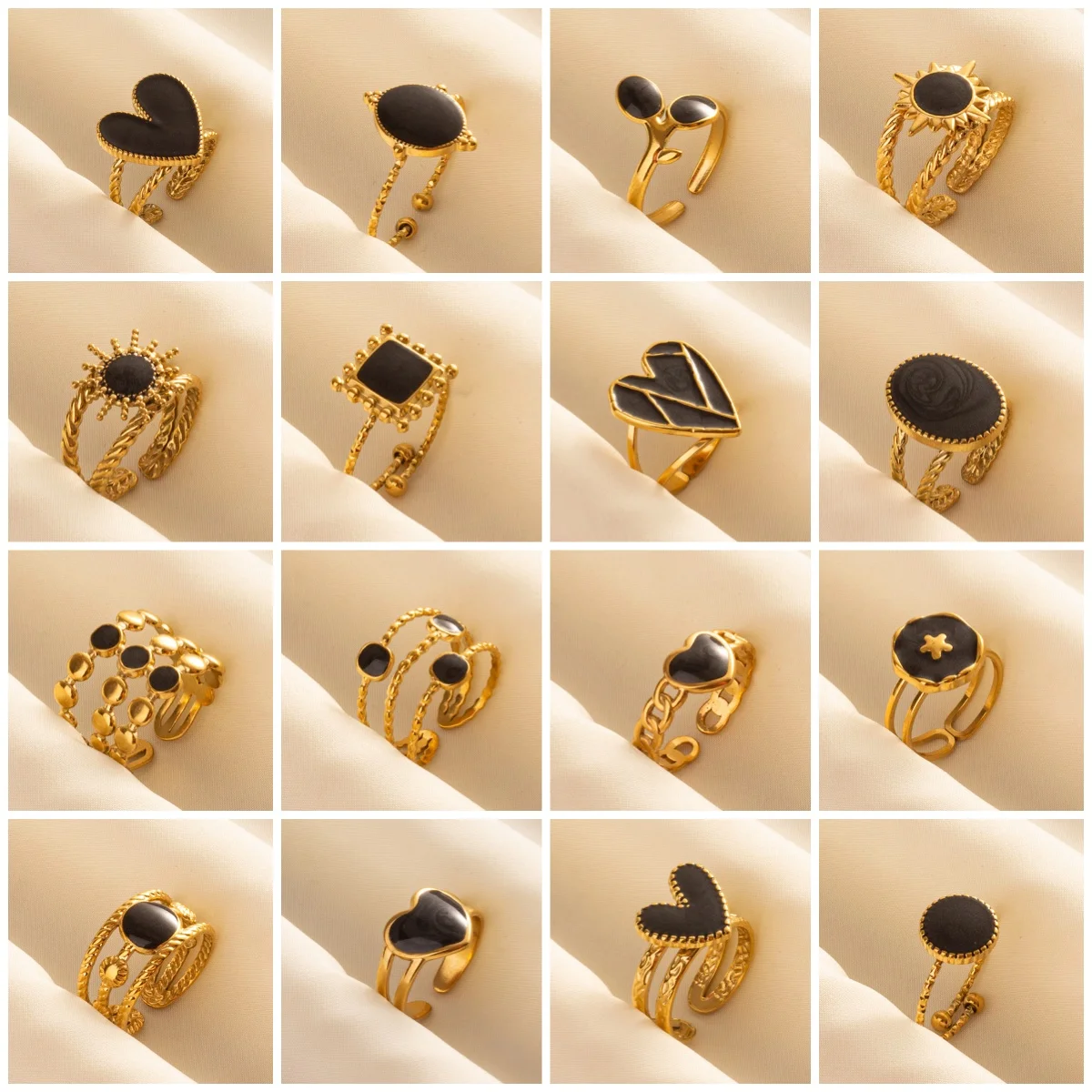 

5Pcs New Black Alloy Dripping Oil Opening Adjustable Ring Irregular Geometry Heart-Shaped Sun Tree Leaf Stainless Steel Rings