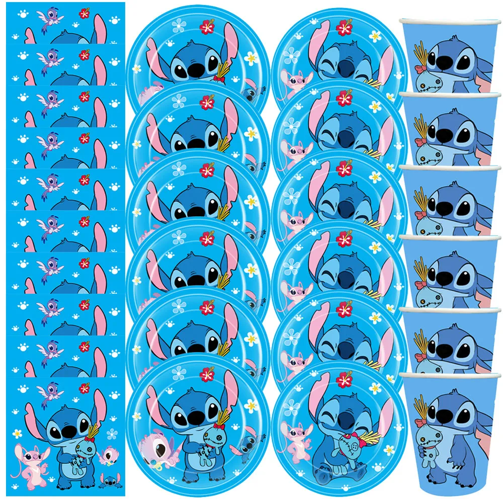 DIY Paper Plates Cups Napkins Tableware Balloons Blue Stitch Cartoon Birthday Decoration Baby Shower Kids Girls Party Supplies