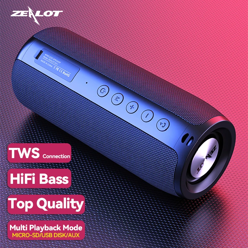 Беспроводная Bluetooth-колонка ZEALOT TWS, портативная, стерео, с усиленными басами, для улицы, водонепроницаемая, поддержка AUX, USB-накопителей, карт TF