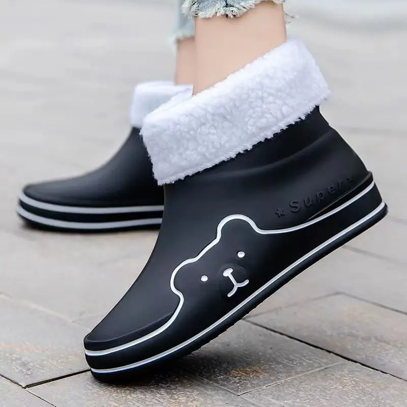 

New Women's Four Seasons Rain Shoes Soft Sole Non Slip High Top Detachable Cotton Cover Water Shoes Slip-On Work Shoes