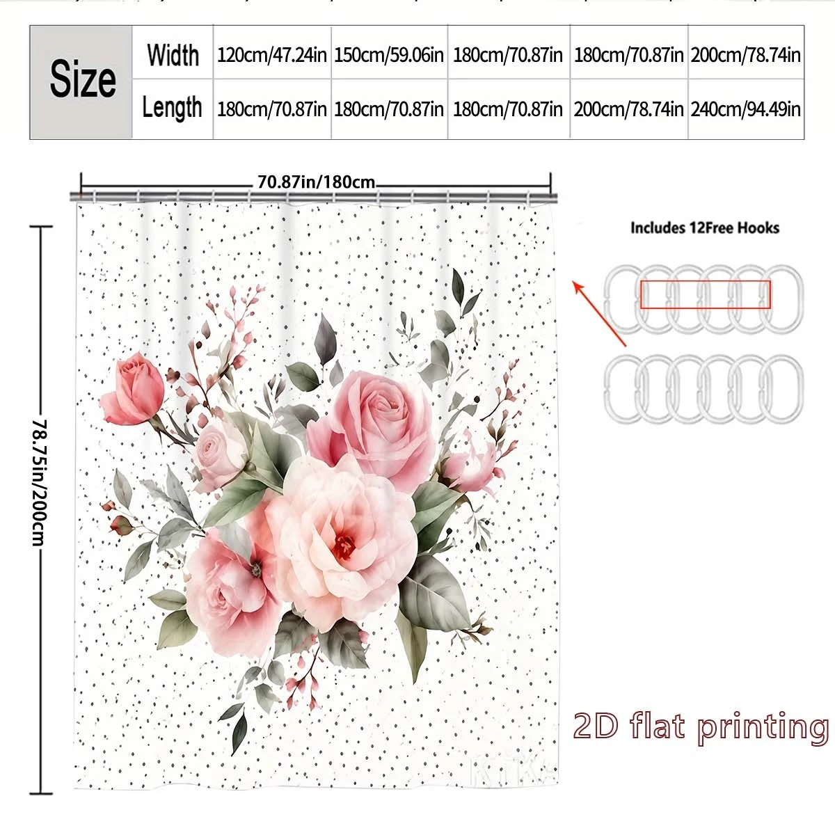 Elegant Pink Floral Print Shower Curtain with Botanical Roses and Greenery for Bathroom Decor
