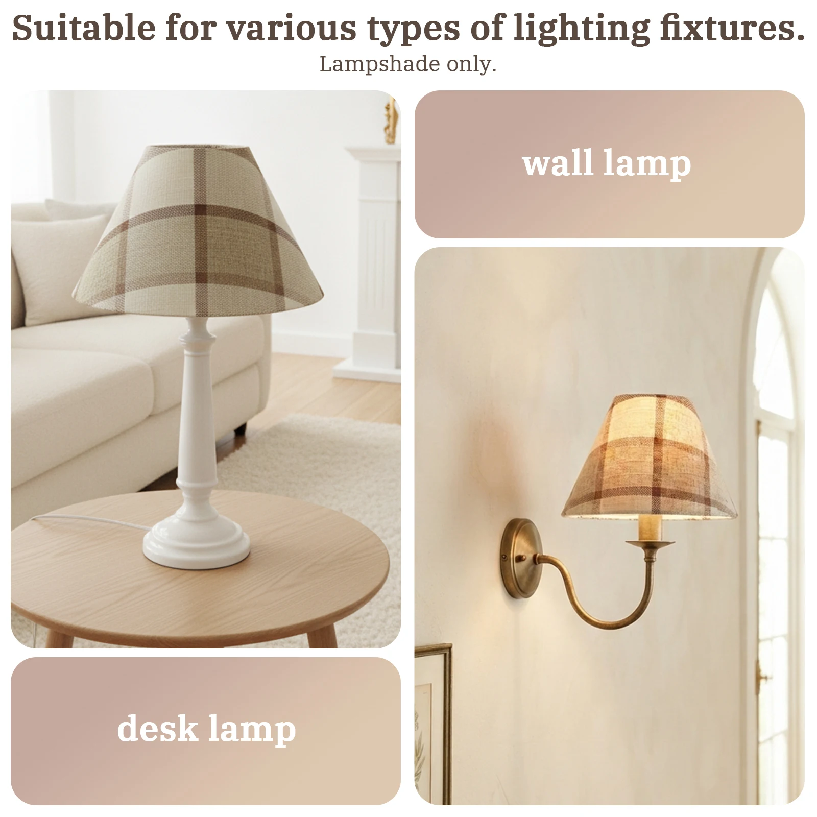 Fabric Lamp Shade, Brown Plaid Checkered, Conical Straight, Table Wall Cover, Farmhouse