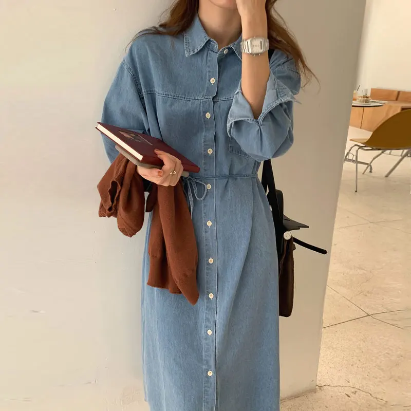 

Fashion Long Sleeve Shirt Denim Dress for Women 2024 Autumn Vintage Lapel Single-breasted Lace Up High Waisted Dresses