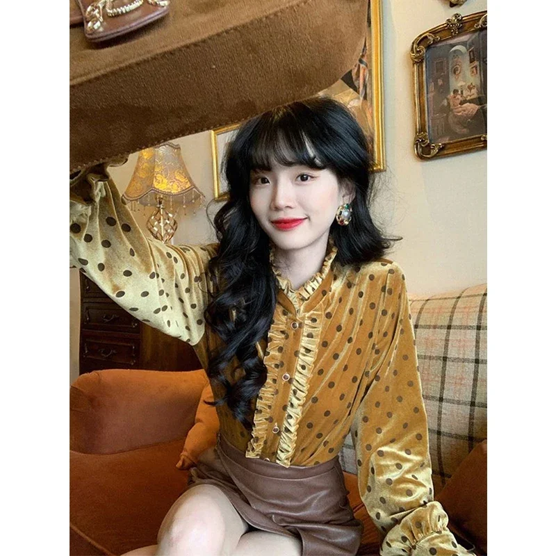 MEXZT Vintage Velvet Shirts Women Elegant Polka Dots Long Sleeve Blouses Office Ladies Korean Print Chic Tops Autumn Winter New