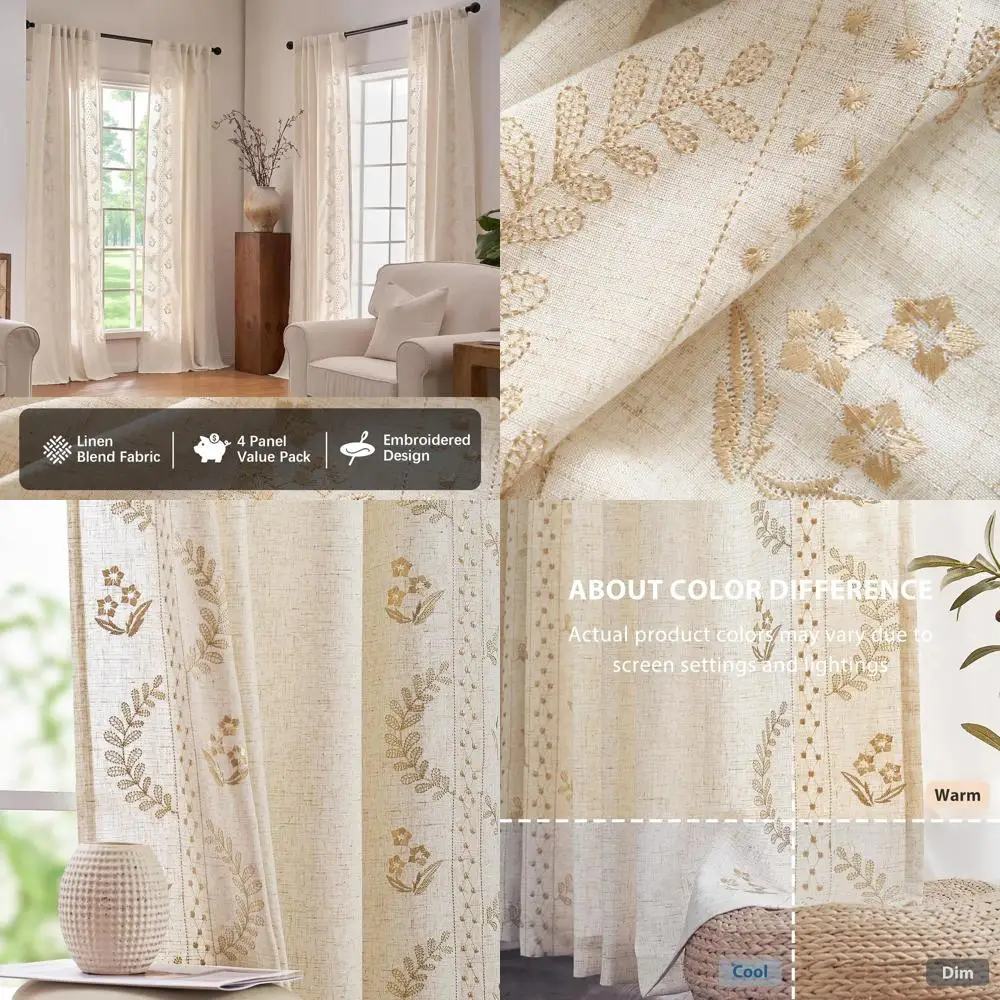 

Набор бежевых штор из смеси льна с цветочным принтом 84, 4 панели, вышитый стиль фермерского дома для гостиной и спальни