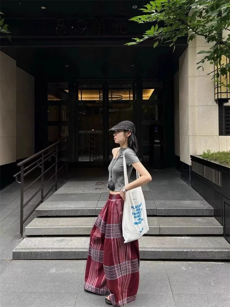 Pantaloni larghi larghi casual da donna sottili scozzesi retrò americani estivi Y2K Pantaloni da donna alla moda stile Harajuku stile millenario