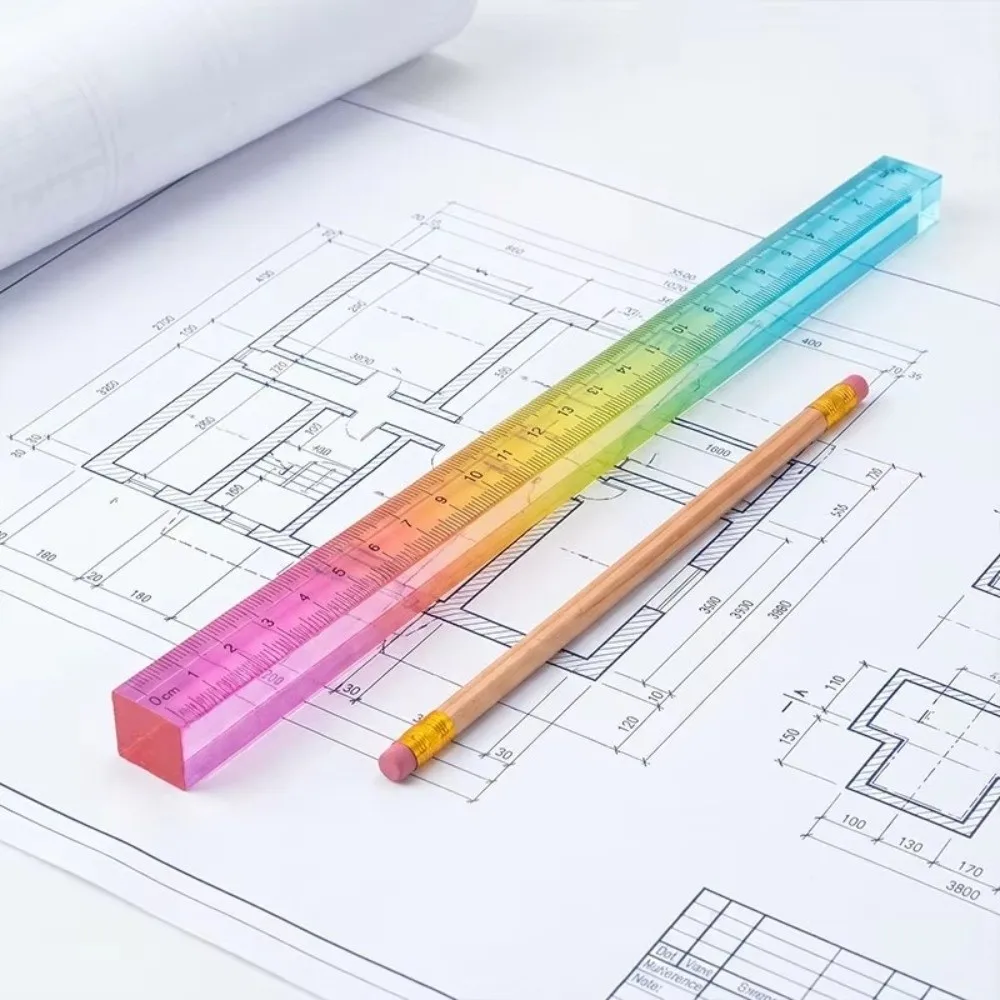 2-in-1 30cm Colored Ruler Acrylic Geometric Student Ruler Cube Drawing Tool Drawing and Measuring Supplies