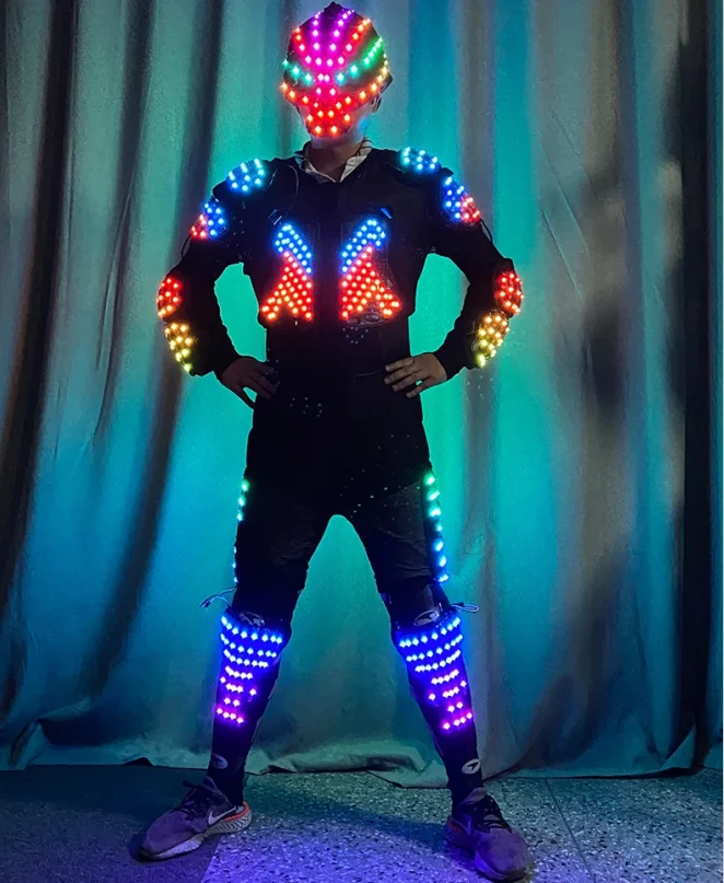 LED Luminous Robot CostumeLED Robot Armor Helmet Costume For Men Luminous Light-Up Dance Peorce Wear For Stage For New Year Ra