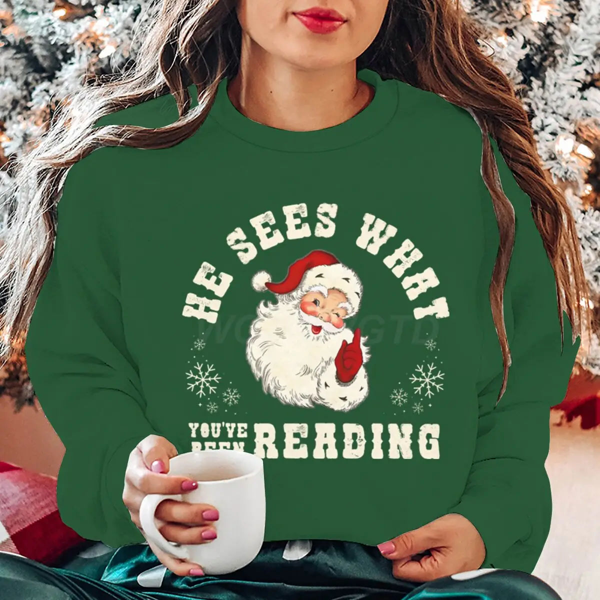 سويت شيرت سانتا كلوز لعيد الميلاد المجيد يرى ماذا كنت قراءة بلوزات جرافيك للنساء ملابس عطلة احتفالية #1