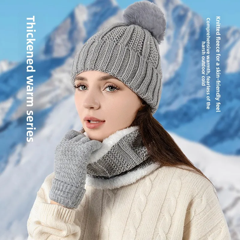 Winter Cycling Hat and Gloves Set, Fleece-Lined Acrylic Warm 3-Piece, Cold-Proof Headwear for Men Women