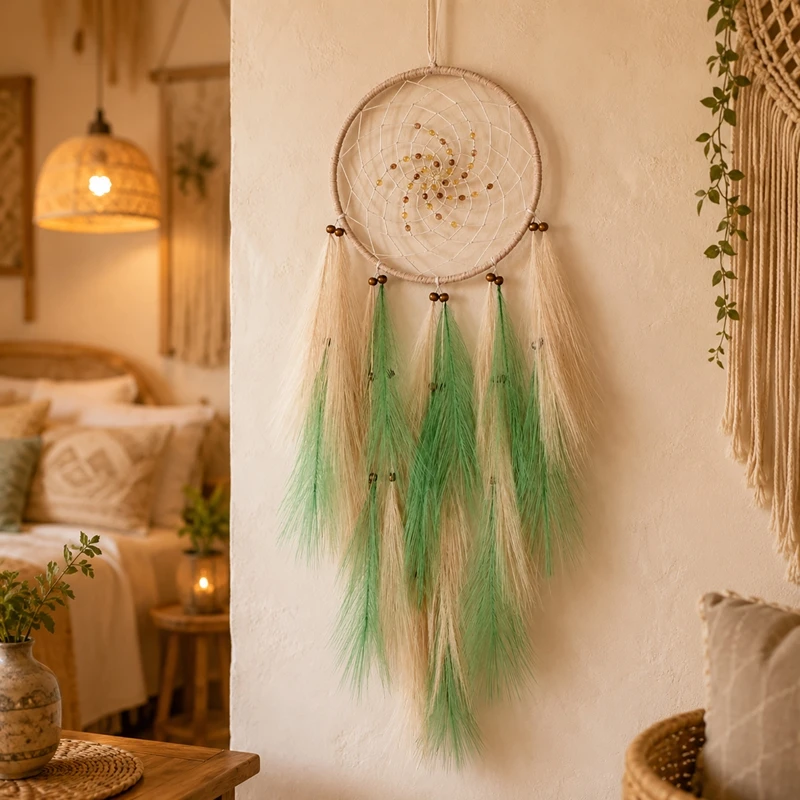 Handmade Gradient Green Dream Catcher Faux Pampas Tassel Wall Decor Boho Aesthetic Room Window Ornament Handmade Wall Hangings