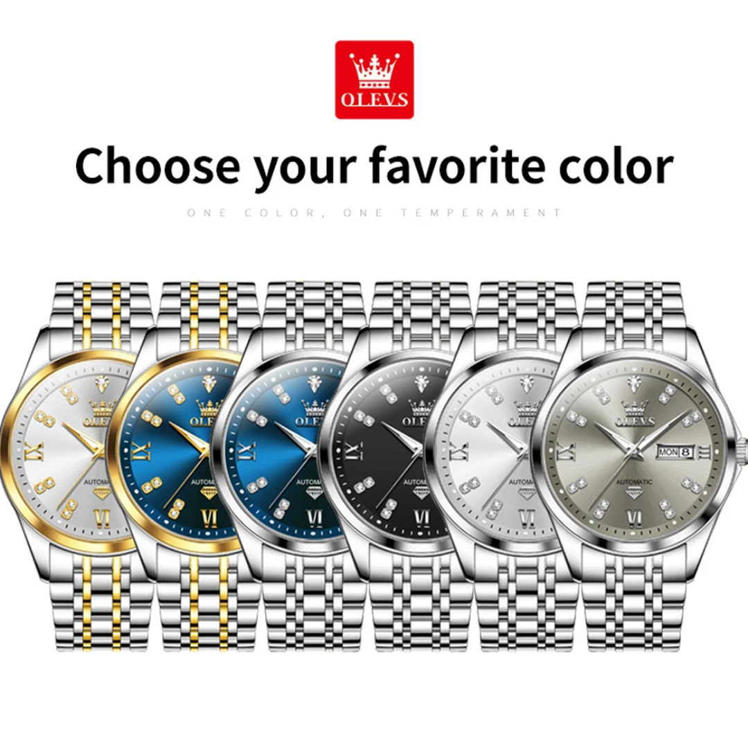 OLEVS 9801 modny zegarek mechaniczny prezent pasek do zegarka ze stali nierdzewnej zegarek z okrągłą tarczą wyświetlacz tygodnia kalendarz świecący