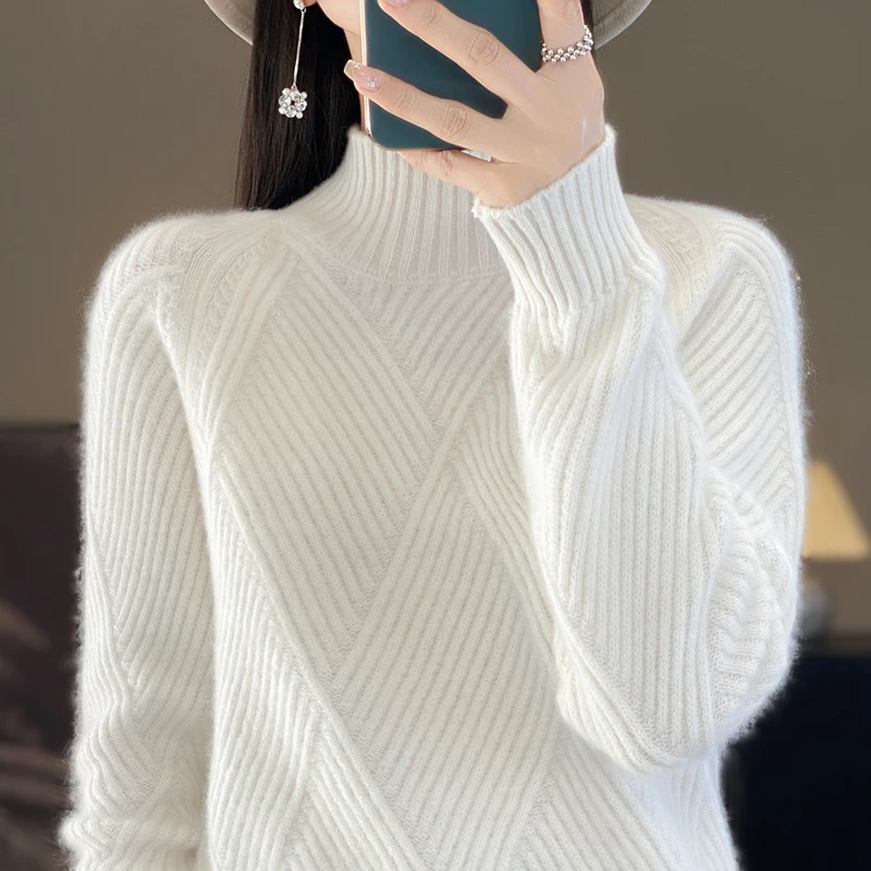 Autumn Winter Thick Women Sweater Diamond Diagonal 100% Merino Wool Soft Warm Casual Cashmere Knitwear Mock Neck Pullover Top ﻿