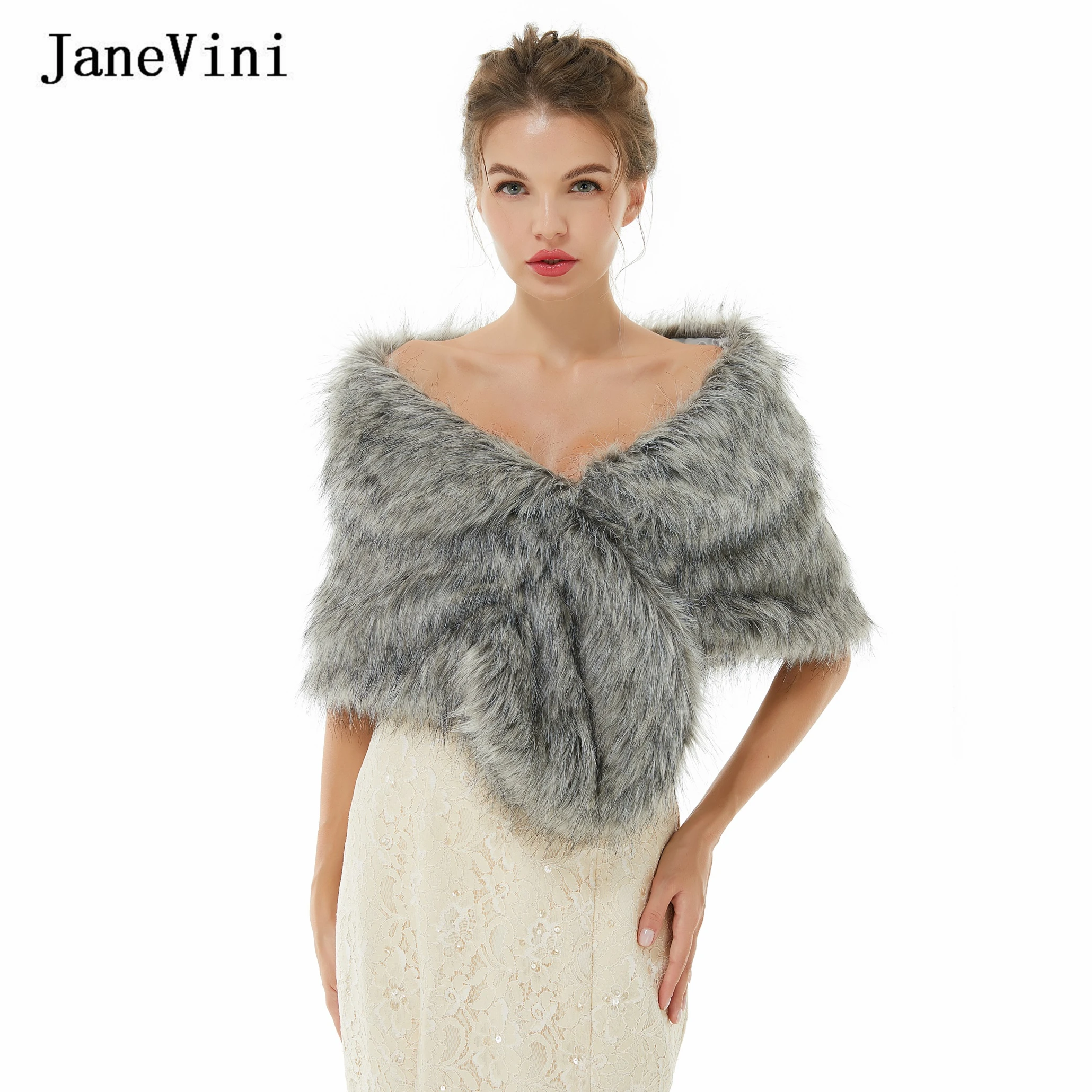 

JaneVini Elegant Bride Jacket Faux Fur Wedding Shawl Wrap Cape Winter Bolero Cloak Women Shrugs for Dresses Bridal Accessories