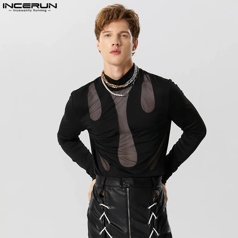 

INCERUN Men Bodysuits Mesh Patchwork Turtleneck Long Sleeve See Through Men T Shirts Rompers Streetwear 2023 Sexy Bodysuit S-5XL