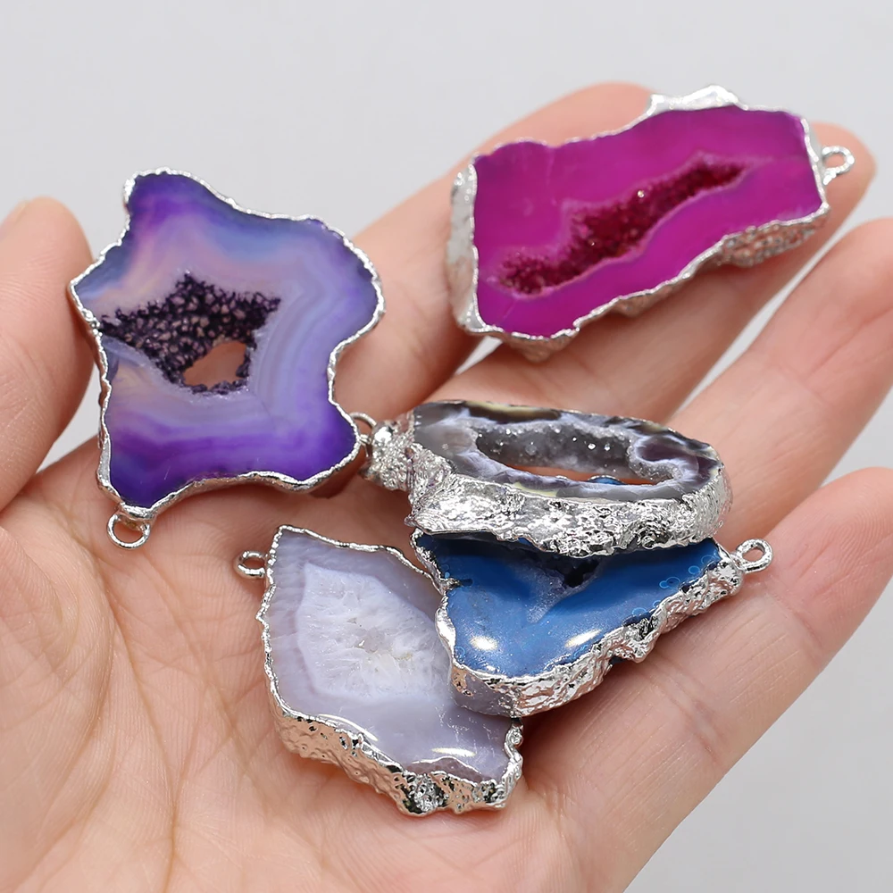 Natural Stone Gem Multicolor Geode Silver-plated Pendant Handmade Crafts Necklace Bracelet Earring Accessories 25x30-35x40mm