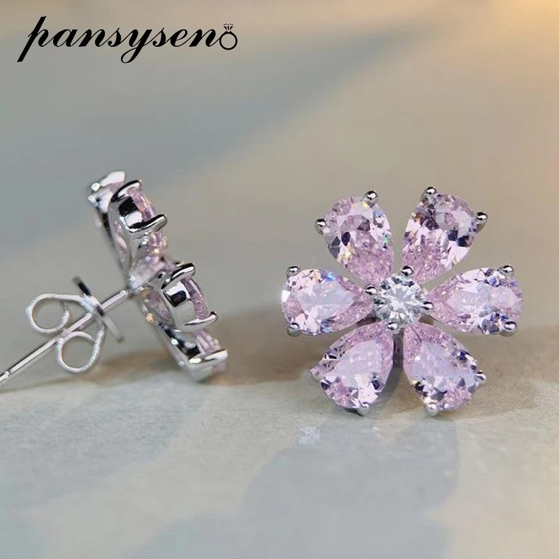 PANSYSEN romantyczny 925 Sterling Silver kształt kwiatu szafirowy rubinowy diamentowe kolczyki sztyfty o wysokiej zawartości węgla dla kobiet biżuteria ślubna