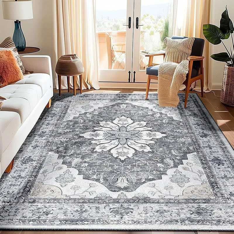 VIKAMA Gray Retro Medal Large Living Room Carpet, Soft Non Slip Floor Mat, Sofa Cushion, Bedroom Home Decoration