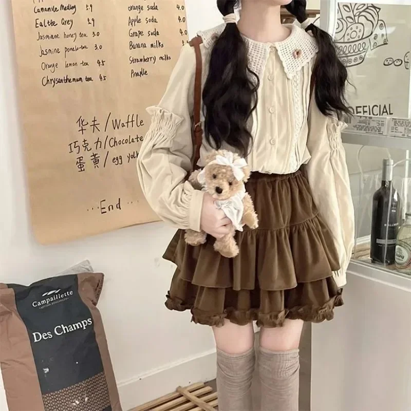 

Corduroy Thicked Jupe Japanese Skirts Women Vintage 2024 Faldas Mujer De Moda High Waist A-line Saia Lace Ruffles Mini Skirt