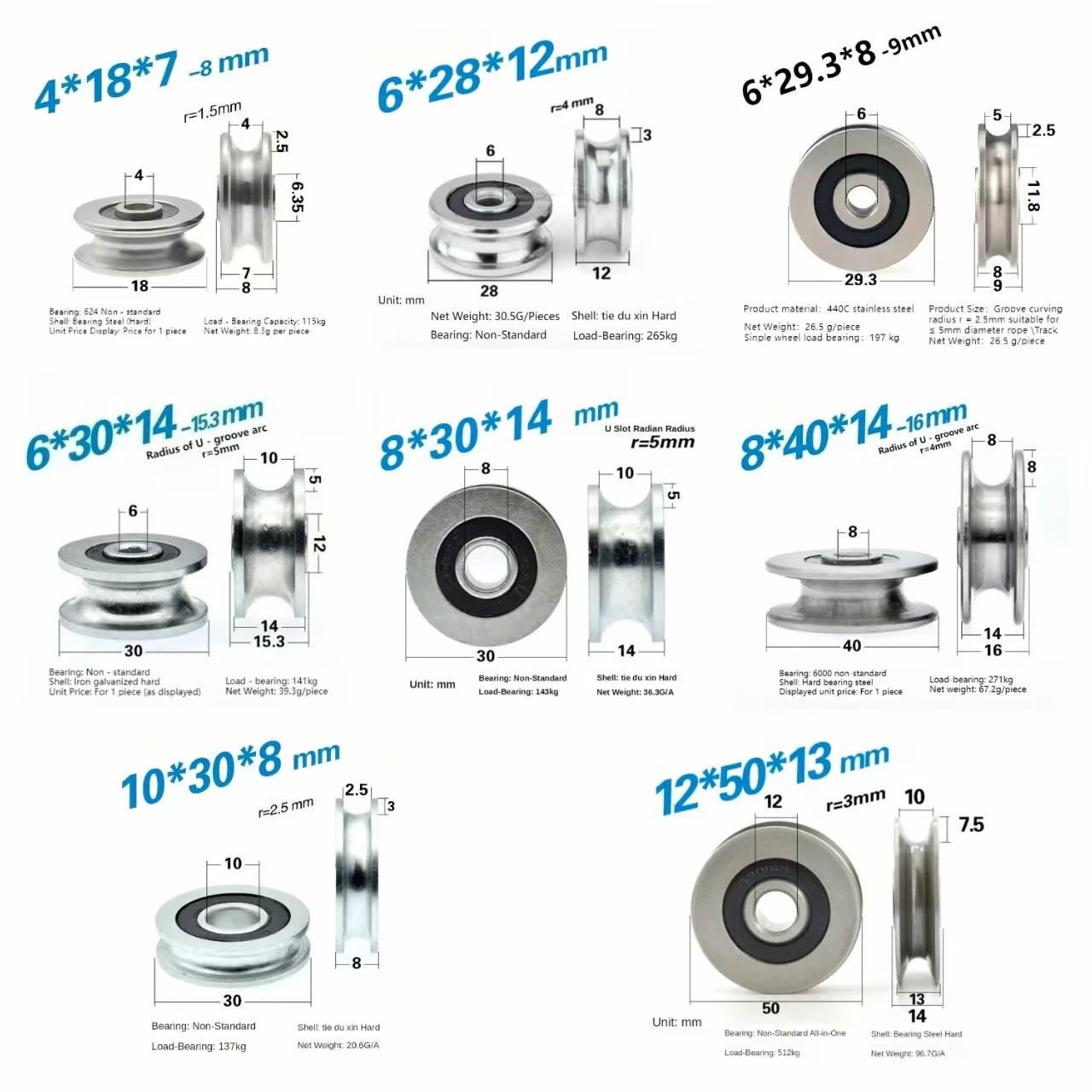 Pulegge con cuscinetto a scanalatura a U di 8 dimensioni (418/628/629,3/630/830/840/1030/1250 mm), ruote guida non standard per sollevamento e binario di funi metalliche