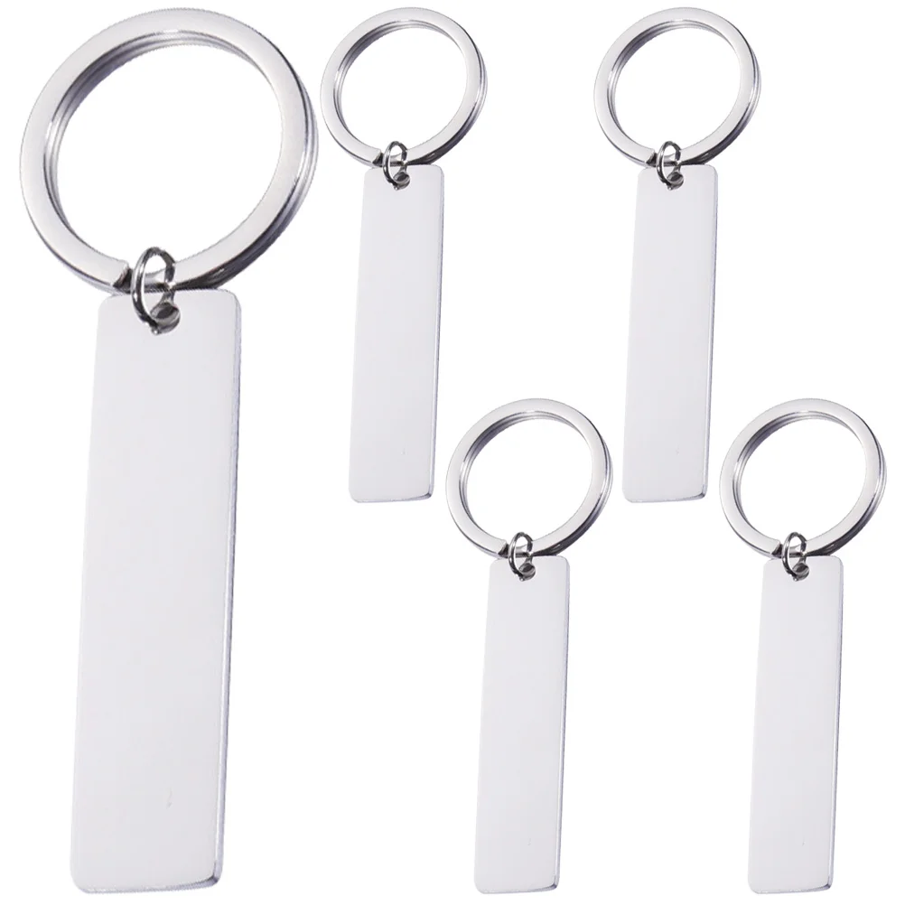 5 Pcs Glossy Strip Hangtag Metal Keychains Blanks Fob DIY Tags Engraving Stainless Steel Unfinished Ring