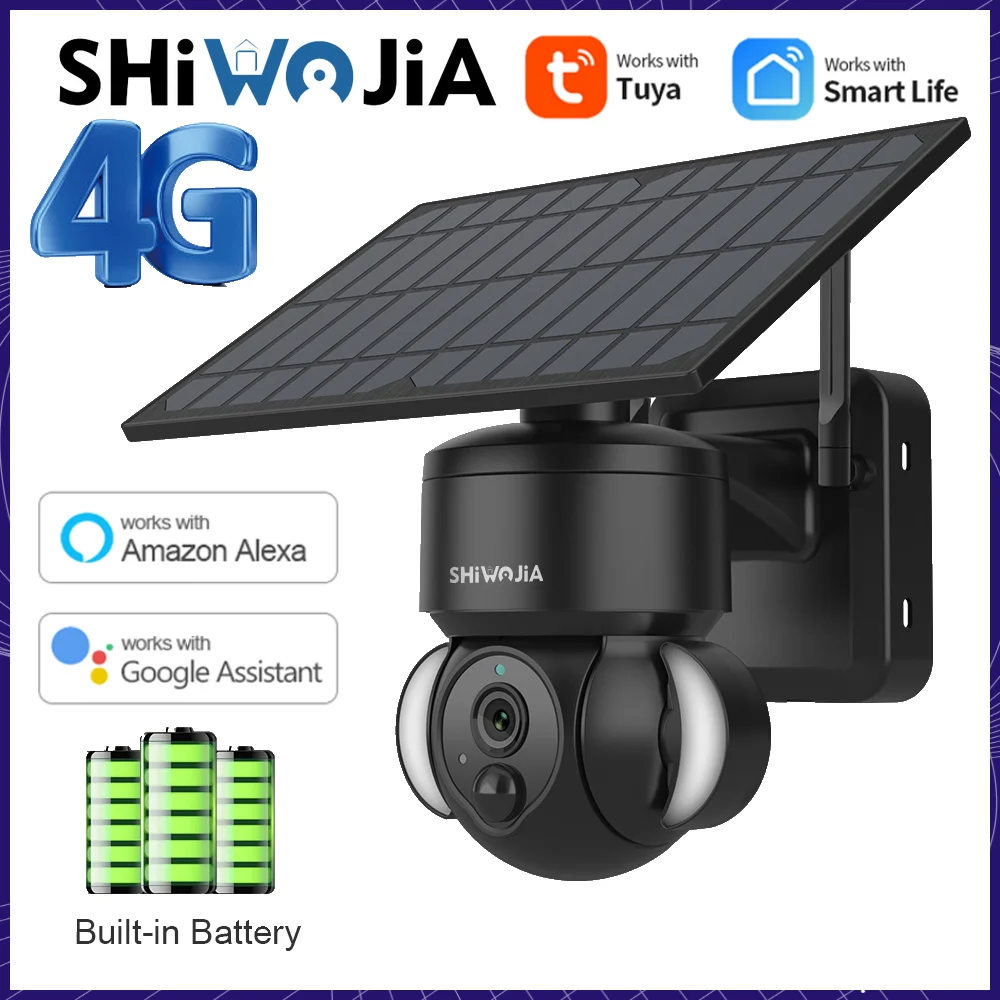 

SHIWOJIA 4G Tuya 3MP Security Camera Solar Video Surveillance CCTV Security Protection PTZ Outdoor Cam Work With Alexa Google