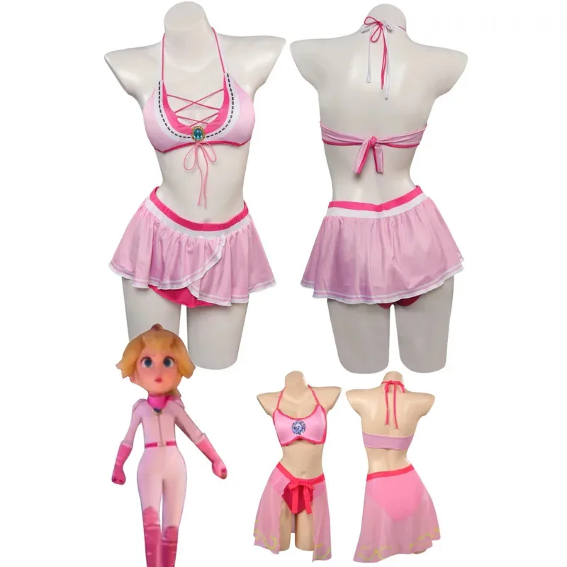 프린세스 피치 코스프레 섹시 귀여운 투피스 수영복 여름 여성 의상 게임 롤플레이 수영복 비키니 여성 할로윈 NVv;6