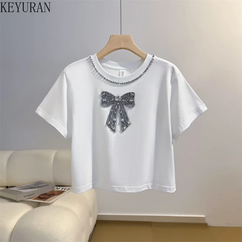 2024 New Summer Cotton Bow Diamonds T-shirt Women Japanese Streetwear Harajuku Kawaii Casual Crop Tops Sweet Girls Woman Tshirts