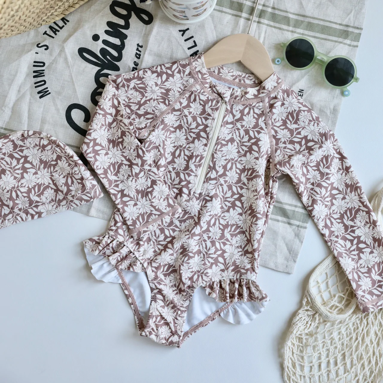 1-7T Toddler Kid Girls Swimwear Summer Clothes Set Print Long Sleeve Swim Bodysuit Sun Protection Quick-dry Swimsuit 3