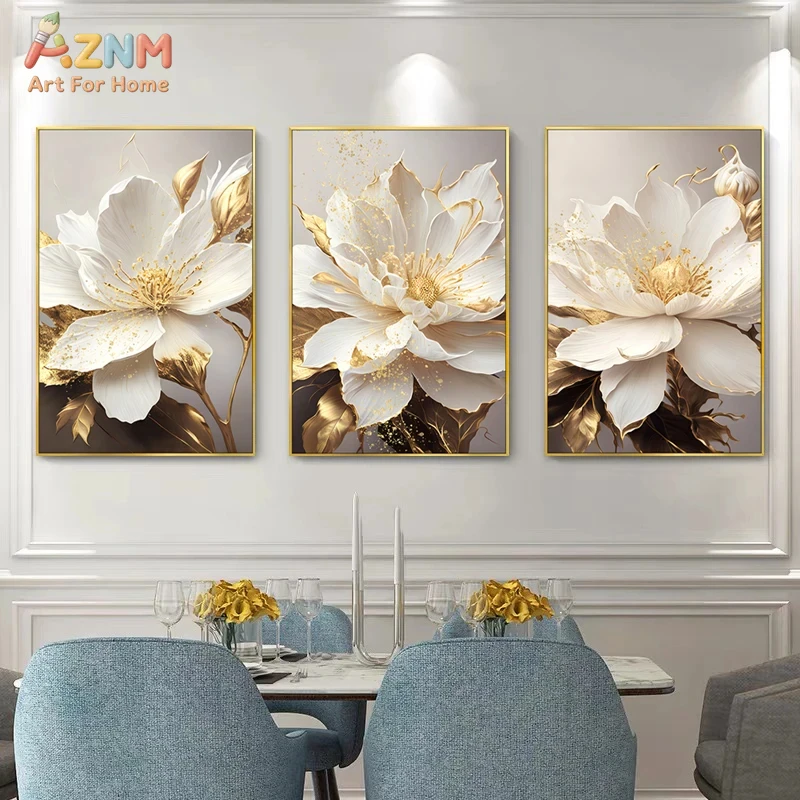 AZNM Luxury White Golden Magnolia Floral Canvas Wall Art, Modern Elegant Gold Foil Speckle Botanical Painting Poster, High-end M