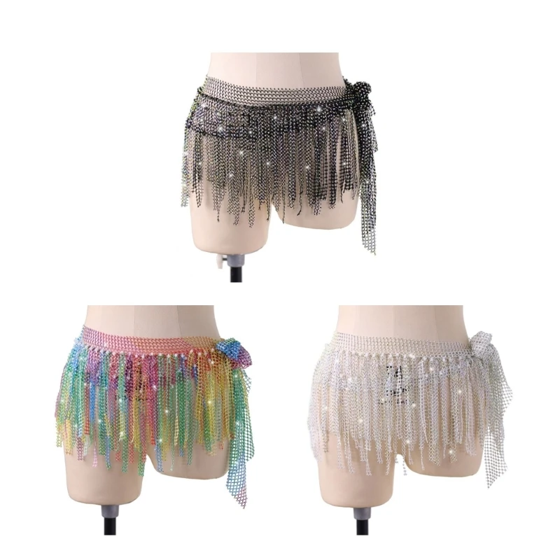 

Women Sparkling Fringes Belly Dance Waist Chain with Studded Rhinestones Skirts Wrap Shimmering Tassels Belly Dancing Hip Scarf