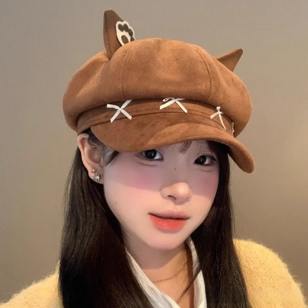 New Sweet Bow Design Cat Ears Bow Cap Warm Hat Cute Cat Ear Newsboy Cap Versatile Style Painter Hat for Autumn Winter Season