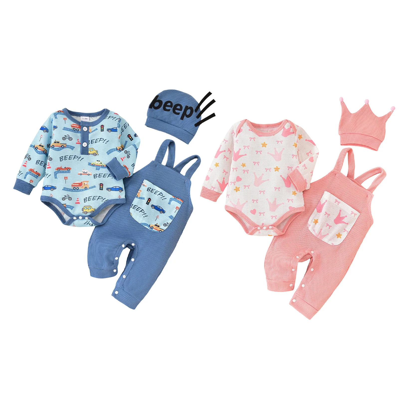 

Infant Baby Clothing Sets Long Sleeve Car/Crown Printed Romper with Overalls and Hat Clothes 3Pcs Fall Outfits