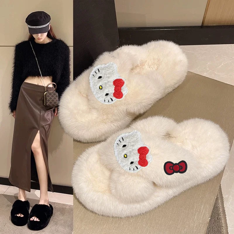 

Hello kitty furry slippers outside autumn winter Women sanrio fashion cotton slippers warm wear platform sponge cotton shoes